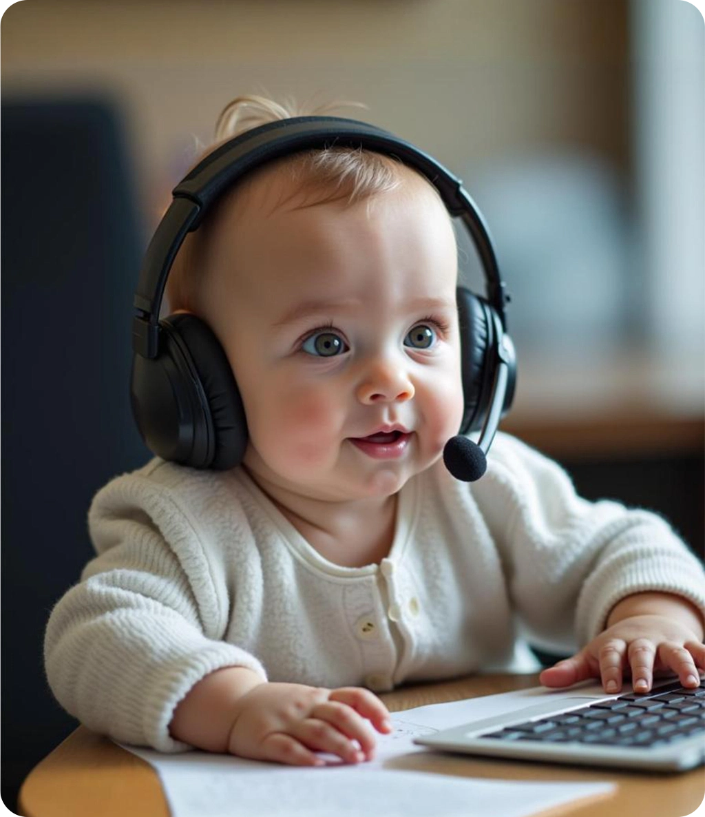 Bebé usando audífonos frente a una computadora